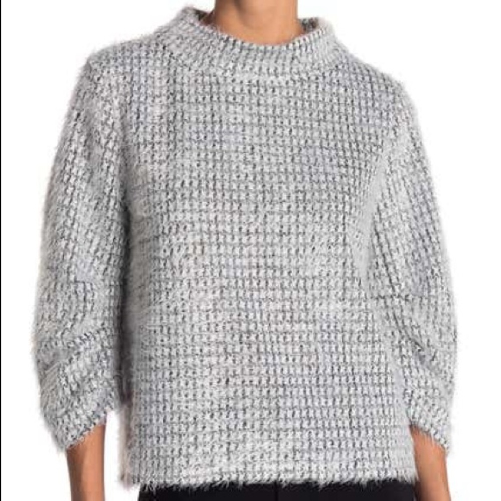 Ruched Sleeve Eyelash Knit Houndstooth Print Sweater